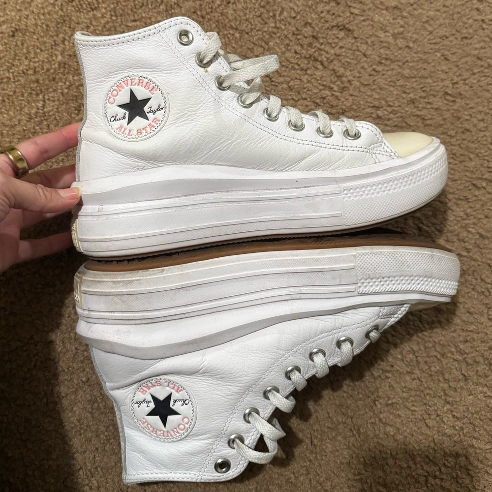 Converse White Leather Platform Chuck Taylor High-Top Sneakers with Black Star